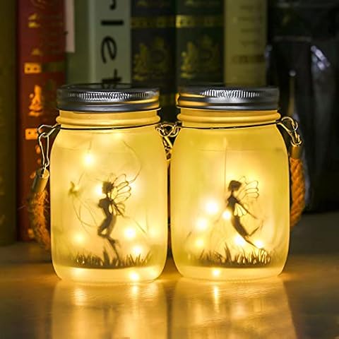 2 Pack Solar Fairy Lanterns Outdoor,Frosted Glass Mason Jar Lamp Waterproof Hanging Fairy Lanterns for Garden Table Lamp Indoor,Birthday Holiday Gifts for Kids Women Cover