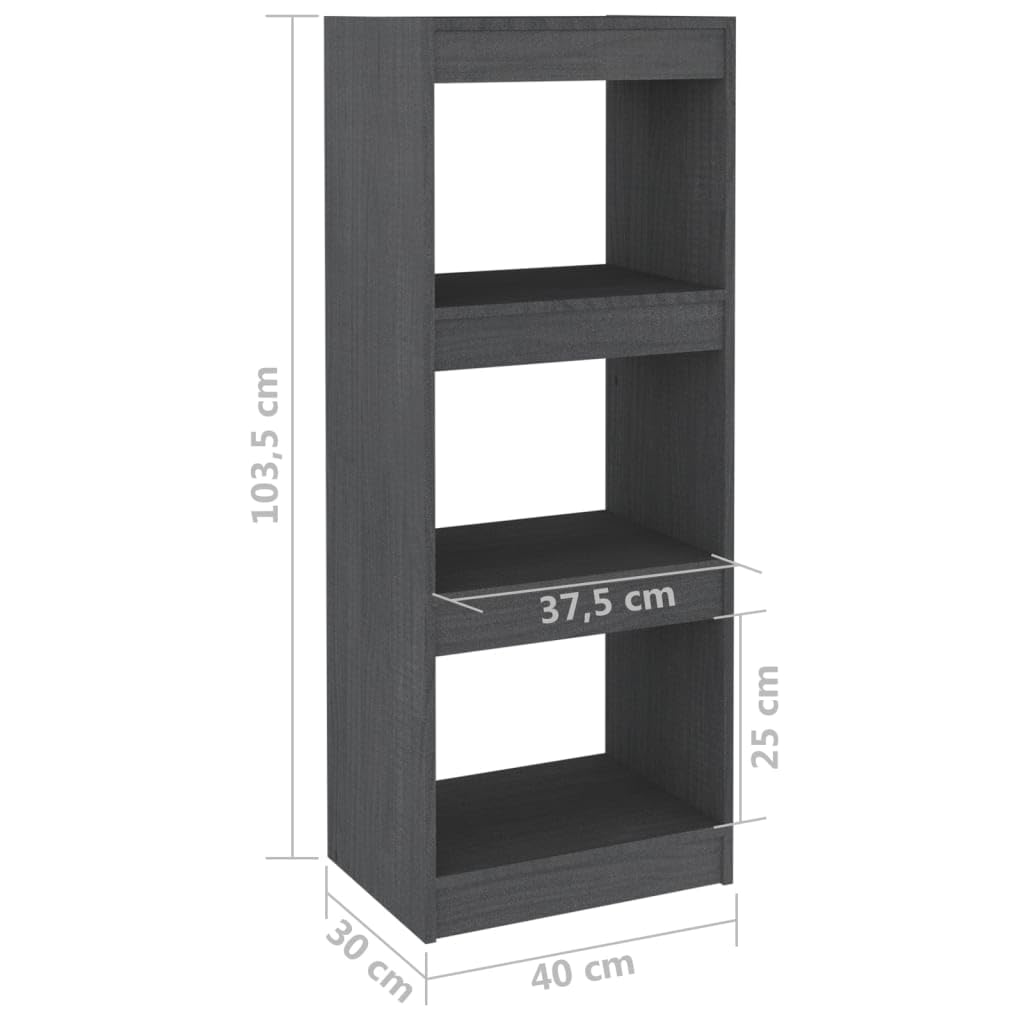 Bücherregal Grau aus Massivholz Kiefer, 40x30x103,5 cm, 3 geräumige Fächer für Bücher und Dekoration, vielseitig als Raumteiler nutzbar, pflegeleicht mit feuchtem Tuch