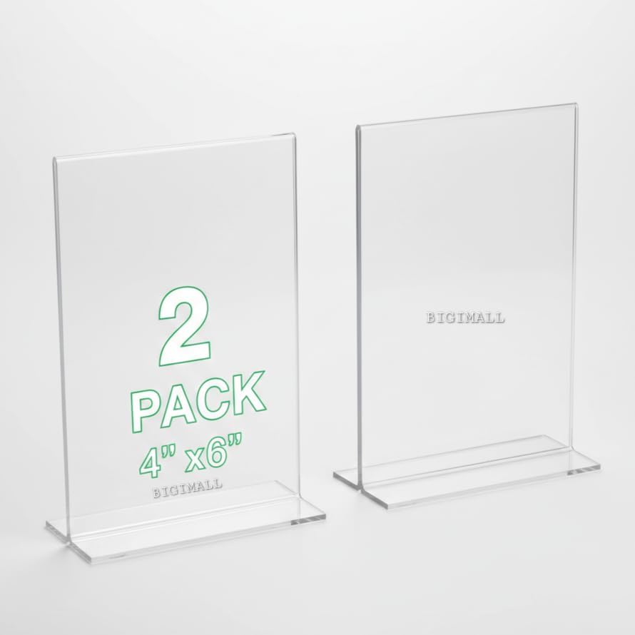 BIGIMALL 2 pcs x 4 X 6 Inch height Acrylic Display Stand Paper Holder T Photo Frame Holder( 4 inches x 6 inches (height, 2pcs pack)