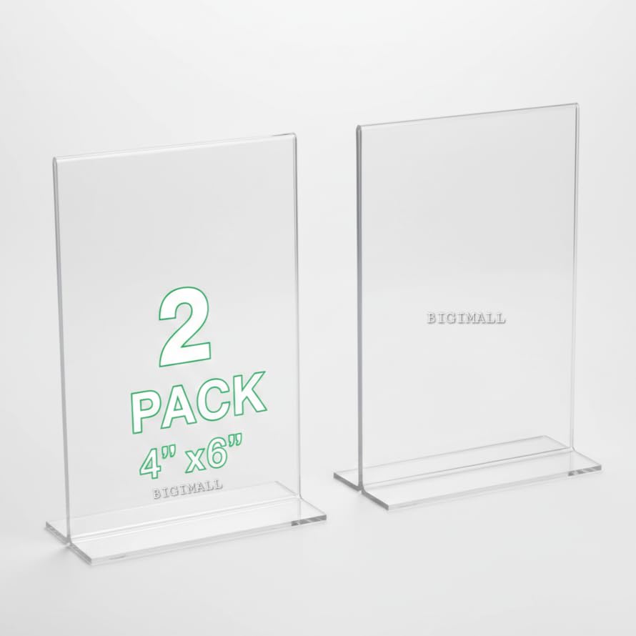 BIGIMALL 2 pcs x 4 X 6 Inch height Acrylic Display Stand Paper Holder T Photo Frame Holder( 4 inches x 6 inches (height, 2...