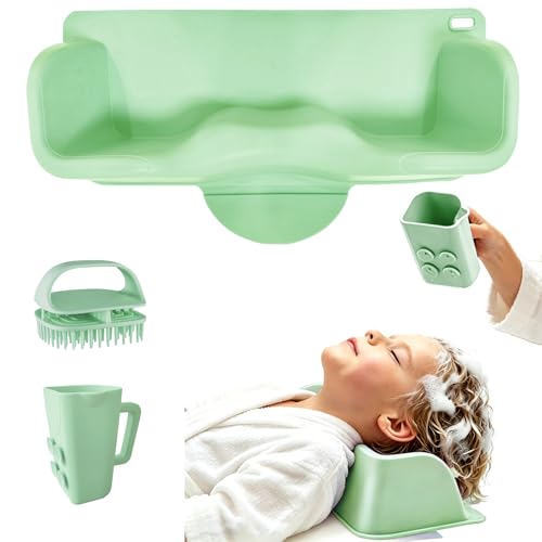 Portable Hair Washing Station for Kids,Children, Pregnant women,Seniors.Neck Support Silicone Shampoo Bowl for Sink or Bathtub,Attached Shampoo Brush and Baby Bath Rinse Cup (Green)