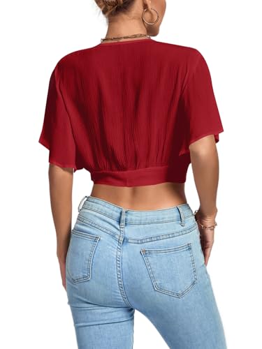 Image of LYANER Women's Sexy Deep V Neck Tie Front Wrap Cropped Blouse Bell Short Sleeve Ruffle Crop Tops