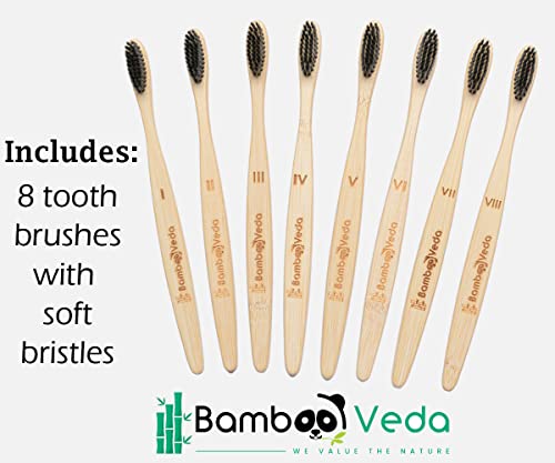 Bambooveda Bamboo Toothbrushes (8 Pack) | Nylon & Bpa Free Natural Soft Charcoal Bristles Toothbrushes | Eco-Friendly, Natural Bamboo Toothbrush Set Biodegradable & Compostable. #TOP5
