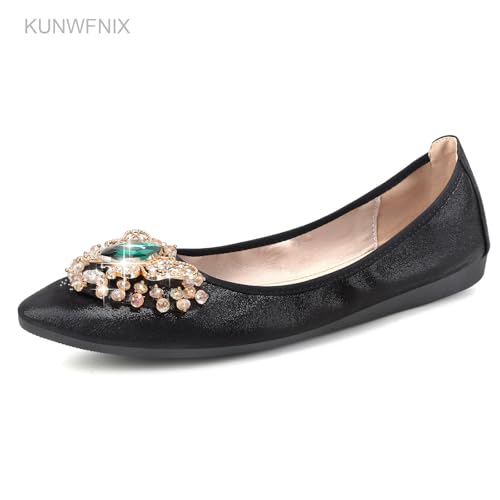 Image of KUNWFNIX Women Ballet Flats Rhinestone Wedding Ballerina Shoes Foldable Sparkly Comfort Slip on Flat Shoes