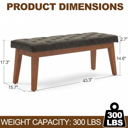 Image of 43.5 inch Padded Button Tufted Faux Leather End of Bed Bench, Charcoal Gray | Padded upholstered bench with solid wood legs, ideal for entryway, dining room, bedroom, vanity area, or living room.