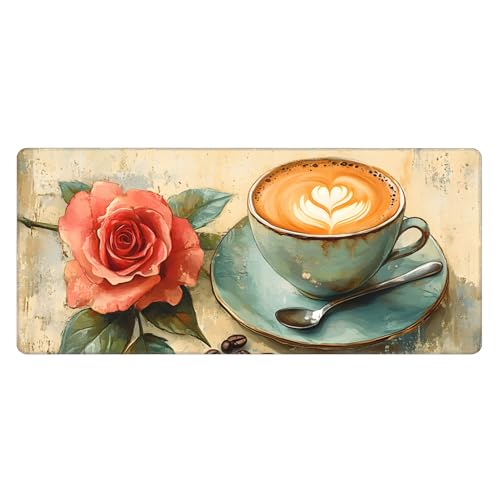 Image of Retro Rose Coffee Extended Gaming Mouse Pad, with Stitched Edges Large Mouse Pad Desk Protector, Rubber Base Mousepad Keyboard Mouses Mat for Work Game Office Home- 32 inch X 12 inch Inch,E843