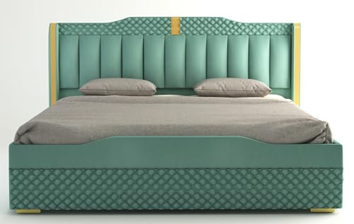Image of MODESTY WOODS Cozy Upholstered Queen Size Bed with Box Storage for Bedroom | Elegant Wooden Double Bed with Storage | Platform Cot Palang with Upholstery Headboard | 6.5 x 5 Ft | Sheesham Wood, Green