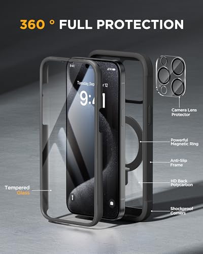 Image of Miracase for iPhone 15 Pro Max Case with 360 Magnetic Ring Stand [Compatible with Magsafe] Full-Body Drop Proof Bumper Phone Case with Built-in 9H Tempered Glass Screen Protector,Black