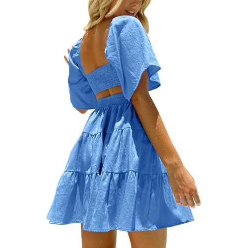 Image of OWNGIGI Women's Summer Dresses Square Neck Short Sleeve Cutout Crossover Elastic Waist Casual Party A-Line Mini Dress