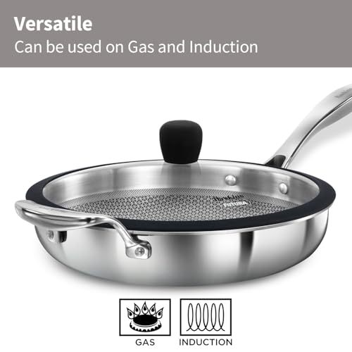 Image of Hawkins 26 cm Triply Stainless Steel Pro Frying Pan | Induction & Gas Compatible | No Burning | Even Heating | with Glass Lid | Silver (PSNF26G)|Induction and Gas Stove Compatible