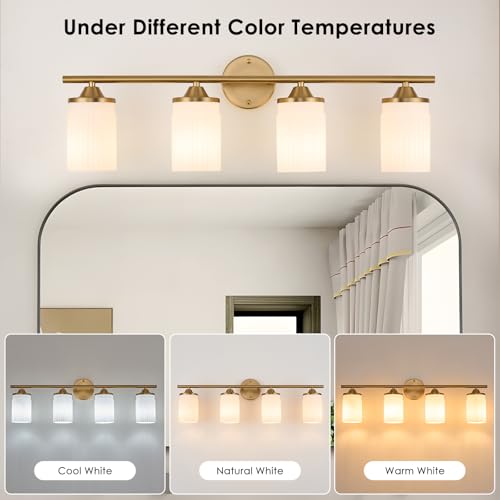 Image of Jonsi Gold Bathroom Light Fixtures 4-Light Vanity Lights Modern Wall Sconce with Milk White Shade Brushed Brass Bathroom Light Fixture Over Mirror for Bedroom Hallway Kitchen