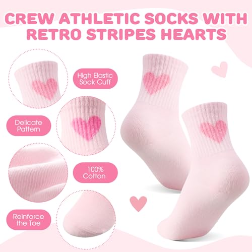 Shihanee 6 Pairs Socks for Girls Kids Pink Crew Athletic Socks with Stripes Heart 6-10 Years Old Cotton Girls Crew Sock2