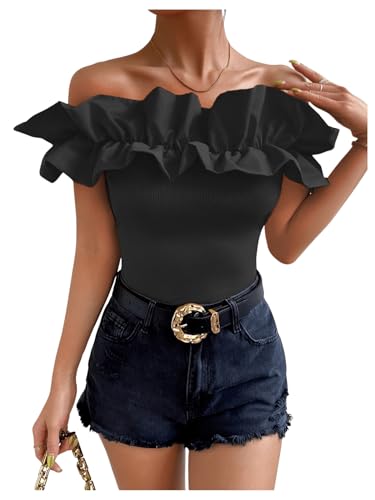 OYOANGLE Women's Ruffle Trim Off Shoulder Short Sleeve Blouse Party Tops Shirt3