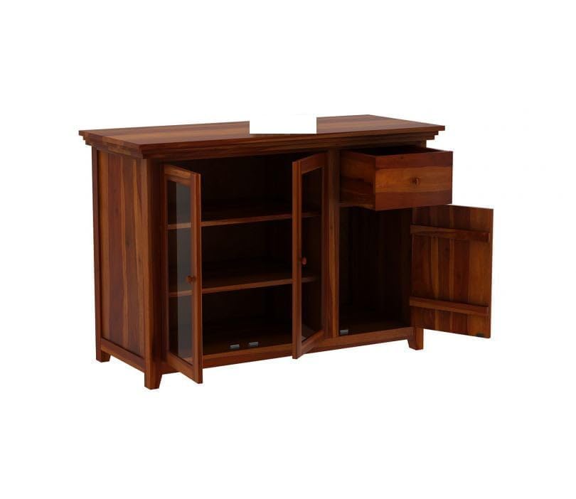 Image of Solid Sheesham Wood Kitchen Cabinet with Acrylic Glass Door, Storage Cabinet Racks, Home Kitchen Furniture, Crockery Rack, Display Unit, Wooden Chest of Drawers, (Honey Finish)