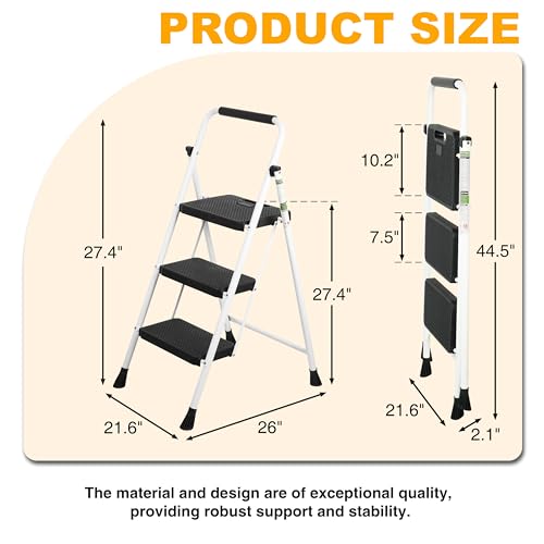 3 Step Ladder, Portable Steel Folding Step Stool with Wide Anti-Slip Pedal & Convenient Handgrip, 500lbs Sturdy Steel Ladder, White - Image 4