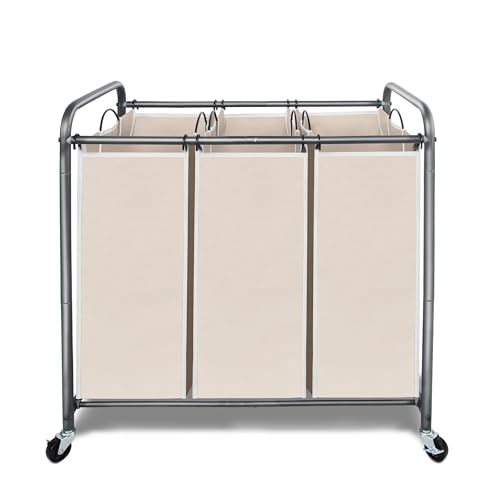 STORAGEIDEAS Laundry Sorter Hamper with Wheels, Heavy-Duty Laundry Sorter Rolling Cart, Lockable Wheels and Removable Bags, 3 Sections, Beige