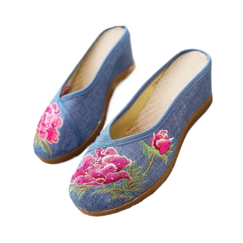 Pantoufles en lin brodé pour femme avec talon compensé caché bleu 39.5