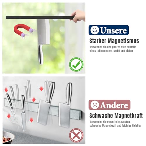Dmore Magnetleiste Messer mit 3 Haken, 40 cm Messerhalter magnetisch schwarz, extrem selbstklebend Magnet Messerhalter aus Edelstahl, inklusive Klebeband und Schrauben, für Messer und Utensilien 3