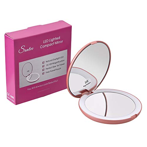 5" Round Compact Makeup Mirror with Bright LED Light - Two Sides of Mirrors = 1X True View Side + 10X Magnifying Mirror Used for Precision Makeup/Travel Mirror Diffused LED Lighted Mirror (Rose Gold