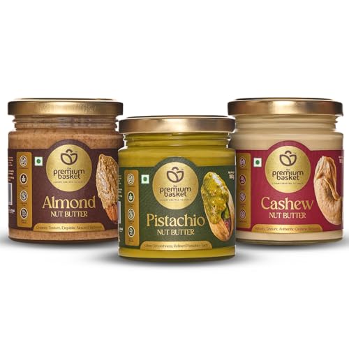 Image of The Premium Basket Pistachio Nut Butter | Almond Nut Grade - Gold Premium, Cashews Nuts Grade W240 & Irani Pista | Unsweetened | High dietary fibre | Rich in Protein | Transfat-Free | 180g x 3 Natural Spread ( Pack Of 3 )