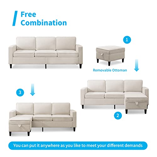 Mjkone Convertible Sectional Sofa Couch, Sofas With Solid Wood Legs And Storage Ottoman, L-Shape Couch With 4 Side Pockets, Couches For Living Room/Apartment/Office (Beige) #TOP4