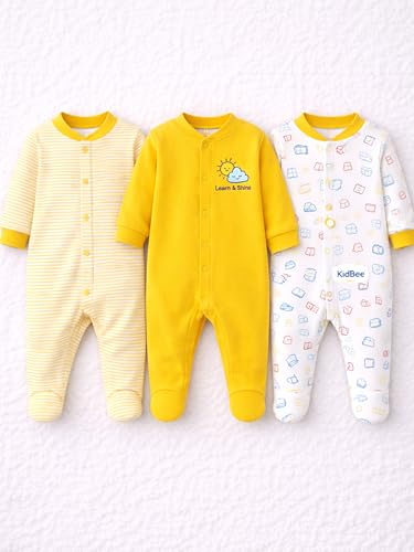 Image of Kidbee Baby Boys & Girls Full Sleeves Cotton Footed Romper Sleepsuit Pack of 3