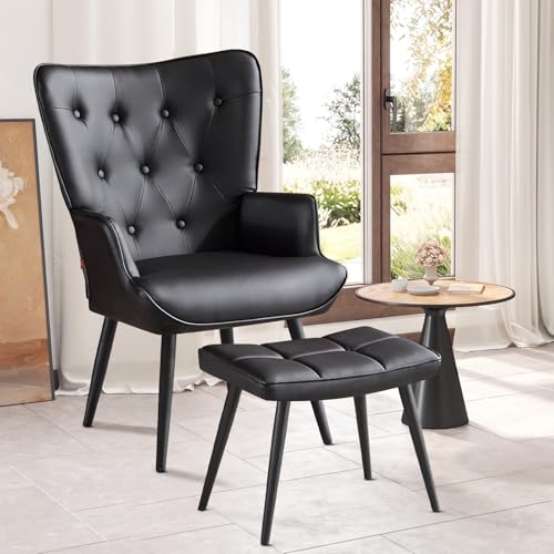Ckaff Sessel mit Hocker, Ohrensessel mit Hocker aus PU-Kunstleder, Sessel Wohnzimmer Relaxsessel mit Fußstütze Loungesessel Polstersessel fürs Wohnzimmer Schlafzimmer Arbeitszimmer, Schwarz