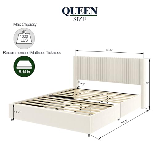 Queen Velvet Upholstered Wingback Platform Bed Frame with Patented 2 Drawers Storage for Bedroom, Modern Design Headboard with Tight Channel, Wooden Slat Mattress Support No Box-Spring Required Ivory
