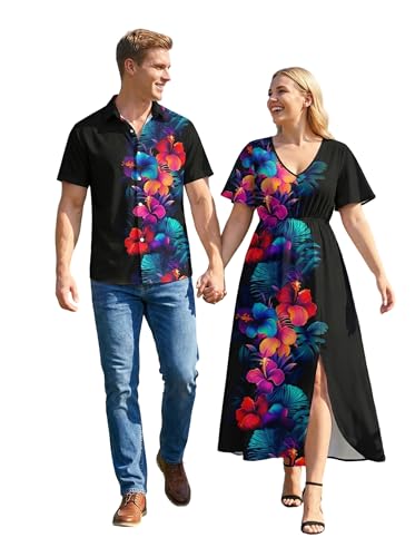 ROSE GAL Matchable Couples Flower Printed Hawaiian Men Shirt and Women Vintage V-Neck Split Short Sleeves Midi Dress Matching Couple Outfits(Women/Black_1/M)