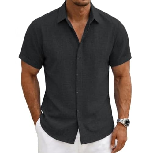 Mens Linen Shirts Short Sleeve Casual Shirt Button Down Summer Beach Vacation Tops Men Casual Dress Shirts Breathable 4X-Large 00140_black