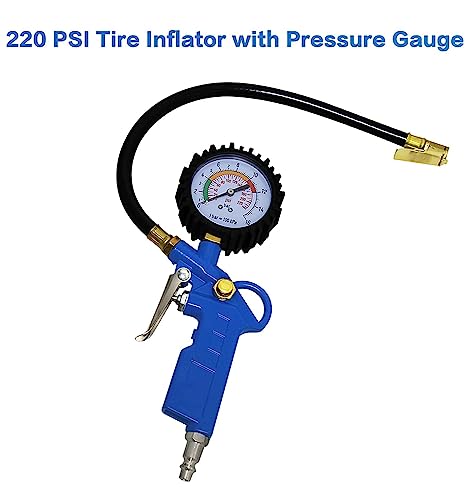 Auto Tire Inflator with Pressure Gauge 220 PSI Dial Wheel Inflator Gage Compressor Accessories Heavy Duty with Rubber Hose and Quick Connect Plug for RV Car Motorcycle for Men