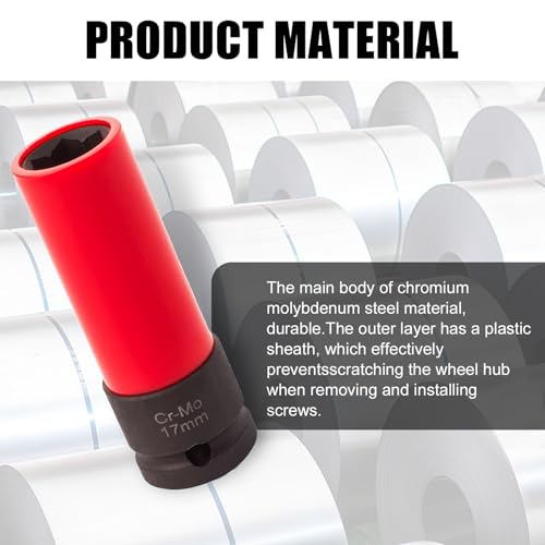Image of Wheel Nut Socket, Wheel Lock Nut Removal Socket Wrench, 0.66 inch /17mm 1 /2 inch Drive Effort-Saving Removal Tool, Compatible with Mercedes-Benz S /C /A /B Class MLGLk (Red & Black)