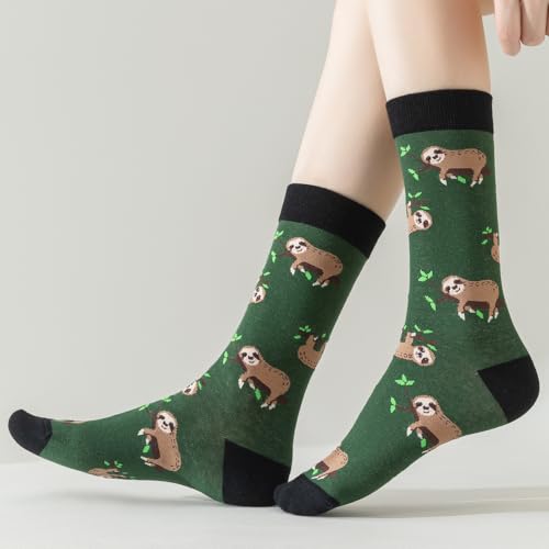 Image of 5 Pairs Cute Animal Crew Socks Fun Casual Cotton Calf Socks for Women (US, Alpha, One Size, Regular, Regular, Sloth)