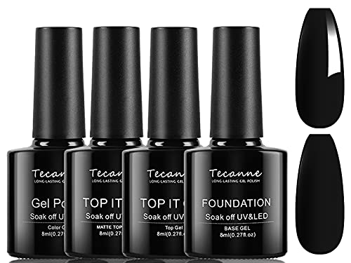 Tecanne Gel Nail Polish Kit, 4Pcs Gel Polish with No Wipe Top Coat Matte Top Coat and Base Coat Starter Kit, Long Lasting Soak Off Popular Gel Polish Set for Manicure DIY Home Gift for Women(Black)