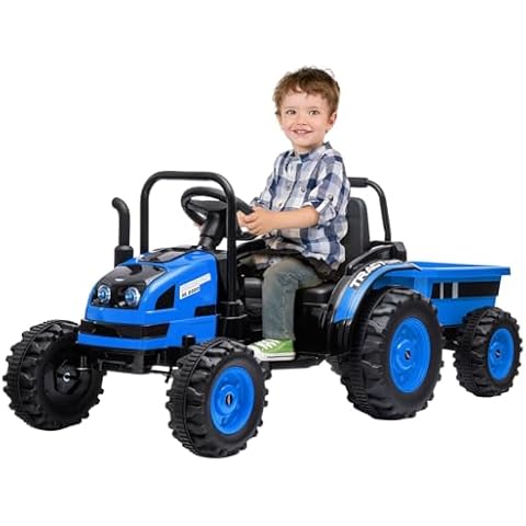 12V Kids Ride On Tractor with Trailer 6 Wheels, Battery Powered Electric Vehicle Car with Remote Control, Music LED Light, Spring Suspension, 35W Dual Motors, Safety Belt, Gift for Boys Girls, Blue Cover