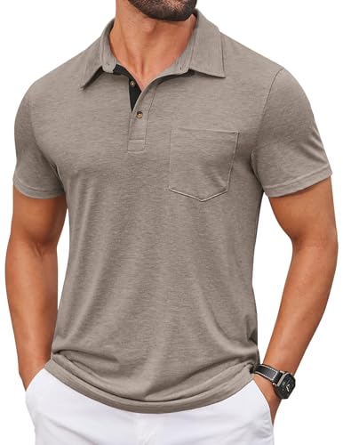 COOFANDY Mens Polo Shirts Short Sleeve Golf Polo Shirts Summer Button Polo Solid T Shirts Classic Fitted Golf Shirts Beige