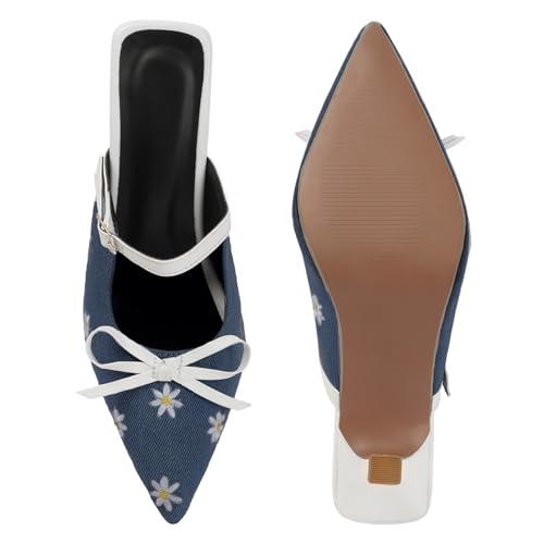 Image of TRYME Denim Embroidered Mules Style Bow Pointed Toe Slip-on Stilettos Heel Sandals for Womens and Girls