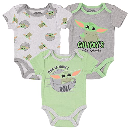Image of STAR WARS Baby Boys Bodysuit Three Pack - Baby Yoda Baby Clothes (Green/Grey, 6-9 Months)