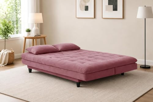 Image of Velvet 3-Seater Futon Sofa Bed with Tufted Sleeper Couch with Adjustable Backrest- Living Room Furniture-Rose-Pink-Color