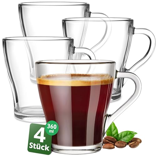 Konzept 11 - Teegläser mit Henkel XL, 4er Set, Große Kaffeegläser, Cappuccino Gläser 360 ml Glas Transparent, Glühweingläser für Heiße Getränke, spülmaschinenfest