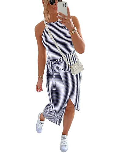 Image of NOLLSOM Women Casual Sleeveless Striped Tank Midi Dresses Halter Neck Ruched Bodycon Dresses Tie Waist T Shirt Summer Dress