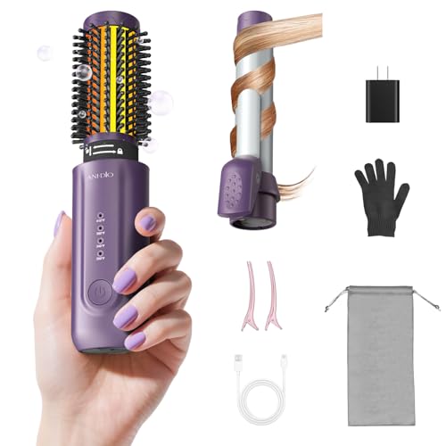 Cordless Curling Iron Brush, 8000mAh, 4 Temp Setting, 1/1.5 inch 2 in 1 Mini Travel Hot Comb with 200 Million Negative Ions, Dual Voltage for Travel, Anti-Tangle, Purple