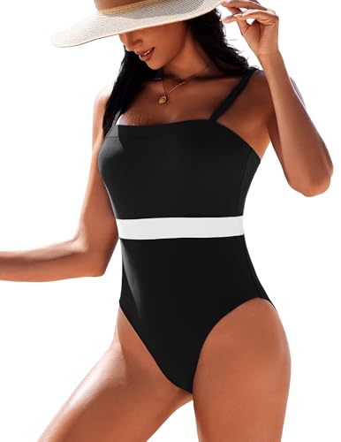 AI'MAGE Women's One Piece Swimsuit Color Block Bathing Suit Square Neck Swim Suits Vintage Retro Swimwear, Black, Large