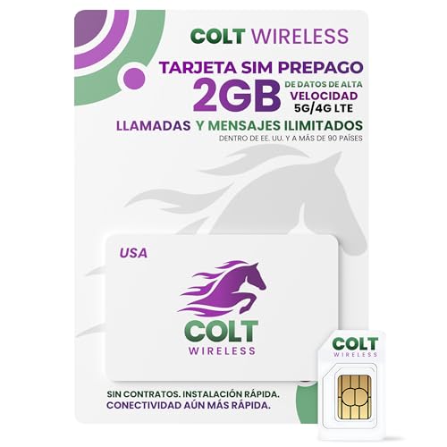 Tarjeta SIM Prepago Física Colt Wireless de 30 Días Desde EE. UU. con 2GB de Datos 4G LTE/5G Ilimitados, Llamadas y SMS a más de 90 Países, Plan Prepago con Hotspot Móvil, Activación Fácil