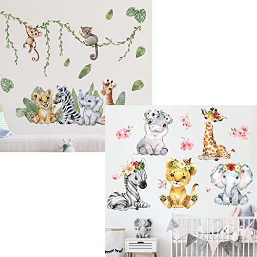 Mfault Girls Safari Jungle Baby Animals Wall Decals Stickers, Cartoon Afican Elephant Lion Zebra Giraffe Monkey Nursery Decorations Bedroom Art, Tropical Palm Leaves Neutral Toddlers Kids Room Decor #TOP15