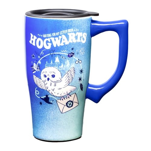 Image of Spoontiques Hedwig Ceramic Travel Coffee Mug with Lid and Handle - Spill Proof Lid - Double Walled Mug for Hot and Cold Beverages - Microwave and Dishwasher Safe