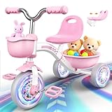 HappyGoLucky Pink Tricycles Toys for 2-5 Year Old Girls Gifts, Balance Bike 2-5 Year Old with 3 Colorful Lighting Wheels & Adjustable Seat, Baby Toddler Cycle Trikes Bike Girls Easter Toys for Kids