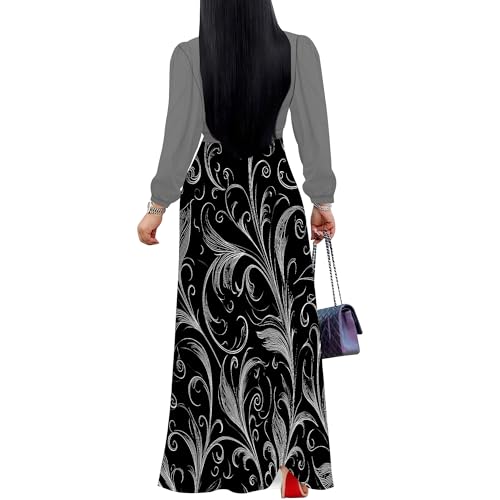 Image of Women's Plus Size Maxi Dresses Long Sleeves V Neck Floral Print Bohemian Swing Long Dress with Belt