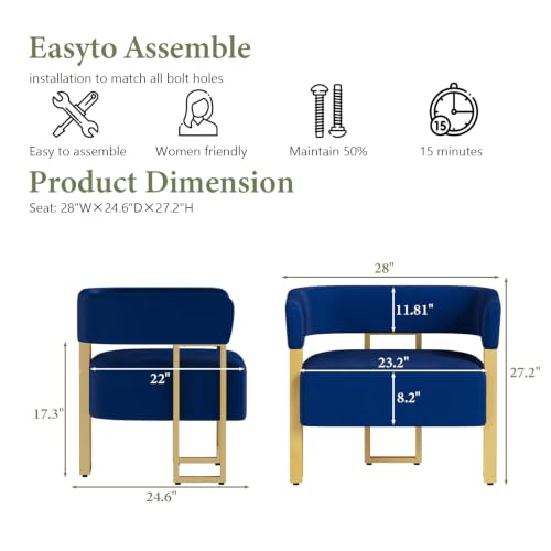 Image of Navy Blue Velvet Accent Chairs Set of 2, Barrel Armchairs Living Room | STHOUYN Bedroom Side Chairs, Velvet Upholstery, Curved Barrel Design, Padded Armrests, Wide Seats, Office Small Space Seating