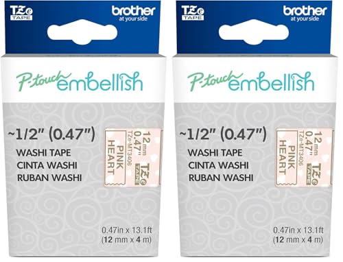 Image of Brother P-Touch Embellish Gold Print on Pink Hearts Washi Tape TZeMT3406 - ~ inch Wide x 13.1' Long for use with P-Touch Embellish Ribbon & Tape Printer (Pack of 2)